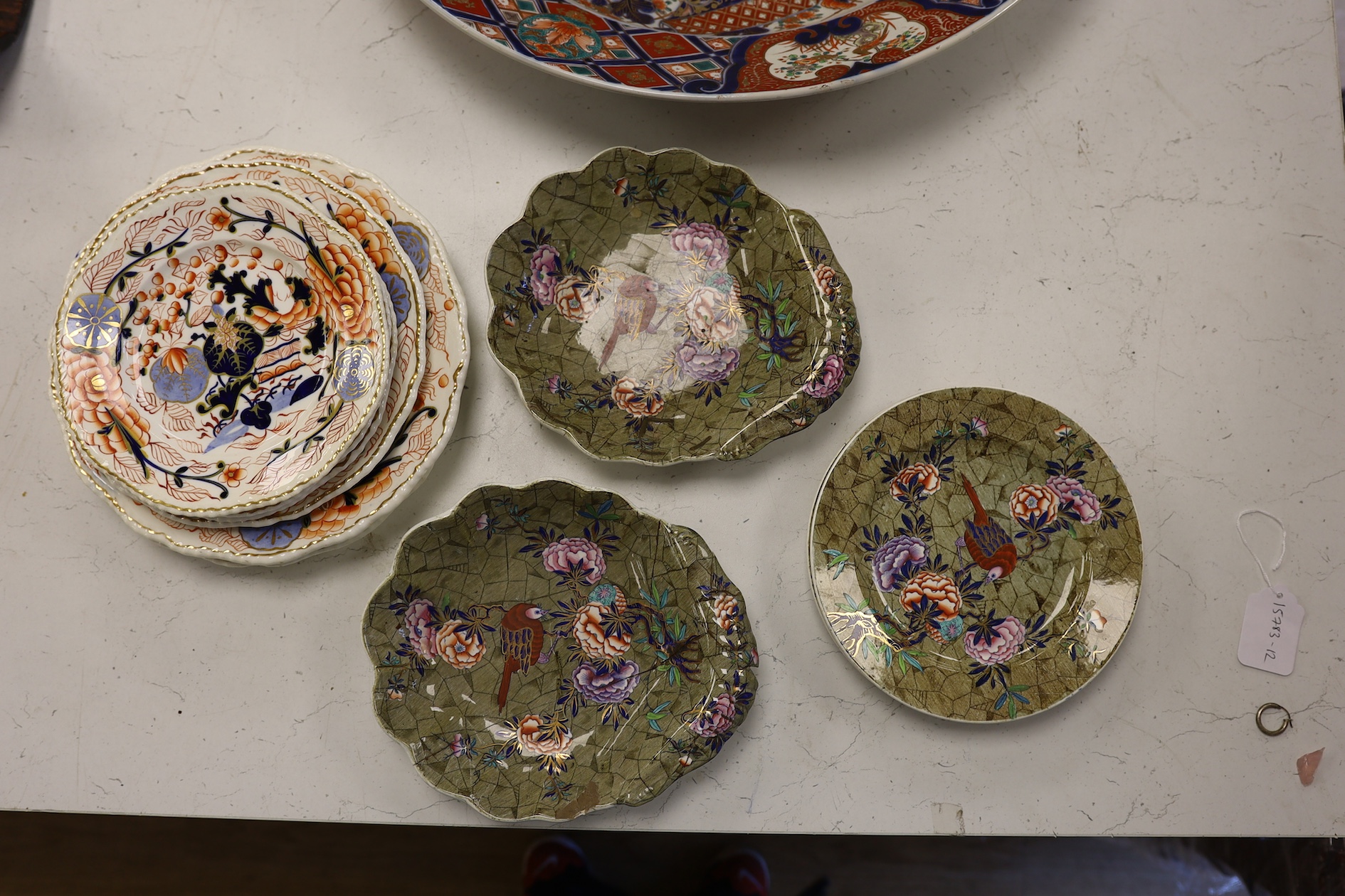 Two pairs of Spode floral and avian decorated dishes and six Derby dishes. Condition - poor